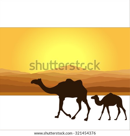 Caravan with camels in desert with mountains on background. Vector illustration
