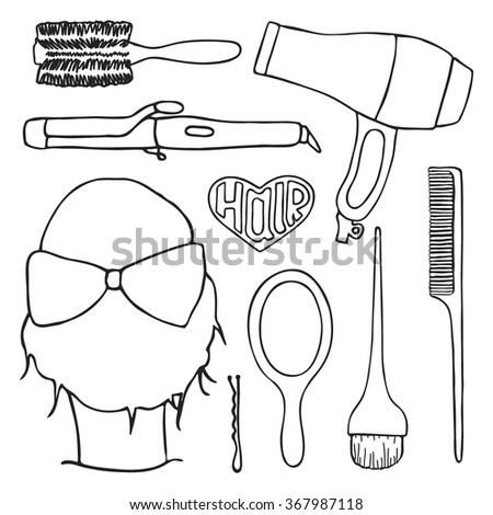 Hairdressing Tools Set Handdrawn Cartoon Collection Stock Vector