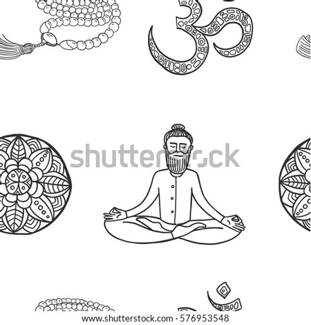 Hand Drawn Vector Pattern With Yoga Signs Beardy Man Meditating In Lotus Pose Beads