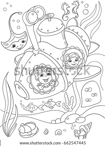 children exploring the underwater world in a submarine coloring pages for children cartoon vector illustration - Submarine Coloring Pages children exploring the underwater world in a submarine coloring pages for children cartoon vector illustration - Submarine Coloring Pages