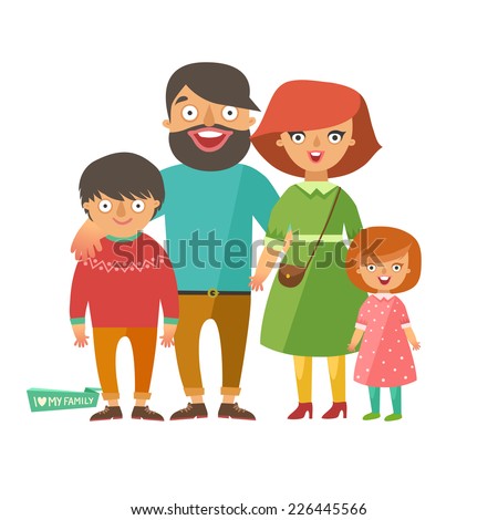 Portrait of four member happy stylish family posing together. Parents with kids. Vector colorful illustration in flat design isolated on white