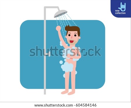 Happy man taking shower in bathroom. Shower with running water. People healthy lifestyle concept. Vector flat style cartoon character design illustration Isolated on white background.