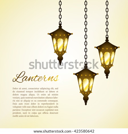 Street lanterns. Shining hanging glass lamps. Warm yellow light. Decorations for greeting or invitation card. Vector illustration.
