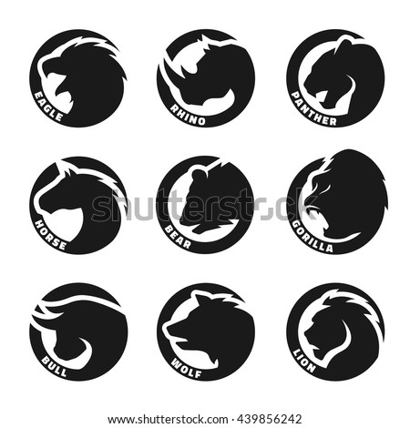 Set animal logos. Eagle, rhinoceros, panther, horse, bear, gorilla, bull, wolf, lion.