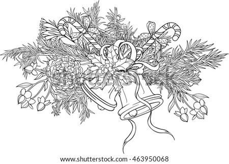 Christmas Decoration With Bells Candies Holly Pine Branches And Cones Coloring Page