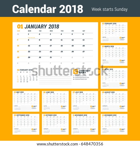 Calendar Template for 2018 Year. Business Planner Template. Stationery Design. Week starts on Sunday. Set of 12 Months. Vector Illustration