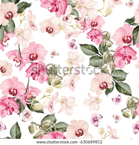 Beautiful watercolor pattern with orchid flowers. Illustration.