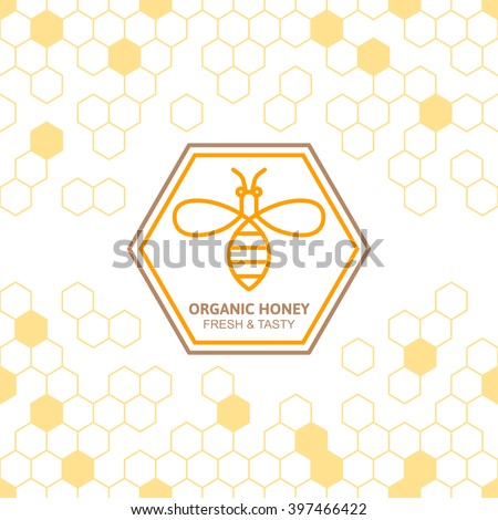Outline bee vector symbol and seamless background with honeycombs. Organic honey linear logo, label, tags design elements. Concept for honey package, banner, wrapping. Abstract food background.