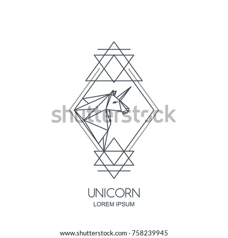 Vector Line Art Unicorn Horse Logo Icon Or Emblem Polygonal Head In Rhombus Shape