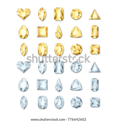 Set of vector realistic golden and silver white gems and jewels on white background. Gold shiny diamonds with different cuts. Design elements and icons for holiday gift and jewelry shop.