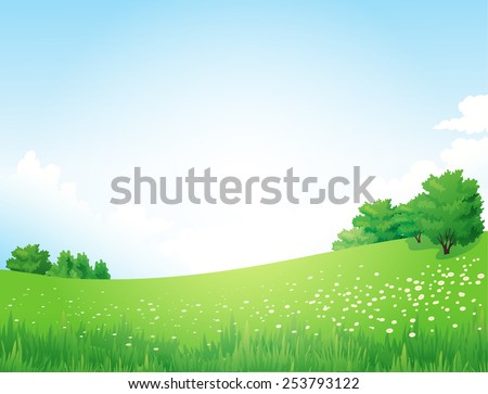 Vector Green Landscape with trees clouds flowers