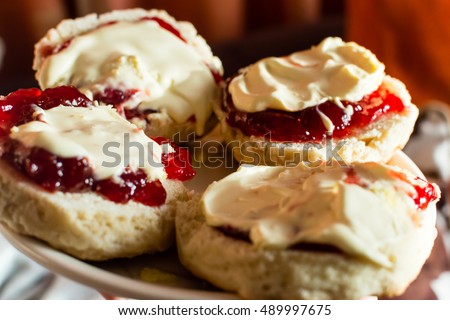 Devon Cream Tea, Scones with Jam and Clotted Cream, Shallow Depth of Field Close up horizontal photography