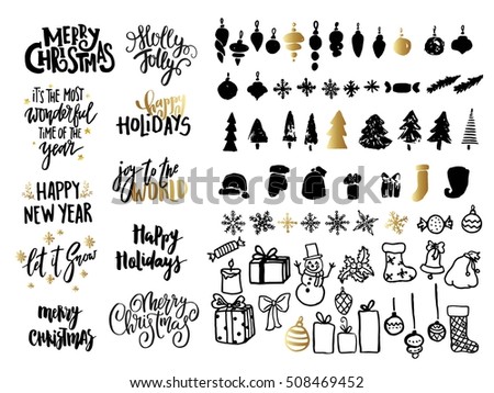 Christmas ans New Year design set. Holiday decoration elements: noel, balls, snowflakes, gifts. Hand written lettering. For cards, posters, banners, tags.