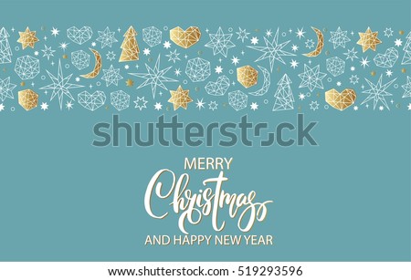 Merry Christmas and Happy New Year luxury gold seamless pattern on blue background with stars, balls, noel, heart and holiday elements in trendy geometric style. Greeting card, invitation, flyer.