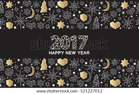 Happy New Year luxury gold seamless pattern on the balck background with stars, balls, noel, heart and holiday elements in trendy geometric style. Greeting card, invitation, flyer.