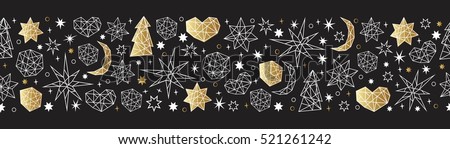 Merry Christmas and Happy New Year luxury gold seamless pattern on the black background with stars, balls, noel, heart and holiday elements in trendy geometric style.
