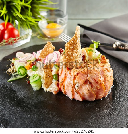  Gourmet Restaurant Food Delicious Smoked Salmon Stock 