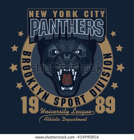 Panther Sport t-shirt graphics, Vintage Apparel typography, Artwork stamp print design, wild big cat head. Aggressive predator with bared teeth in cartoon style