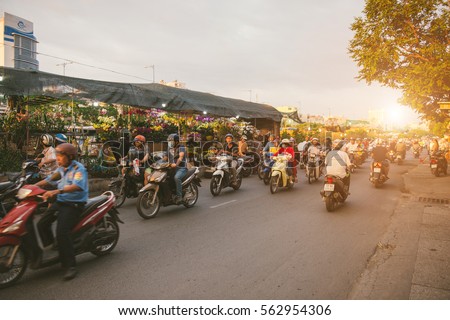 HO CHI MINH CITY, VIETNAM - Jan 24, 2017: Ben Binh Dong flower floating market. Tet Holiday or Vietnamese New Year.