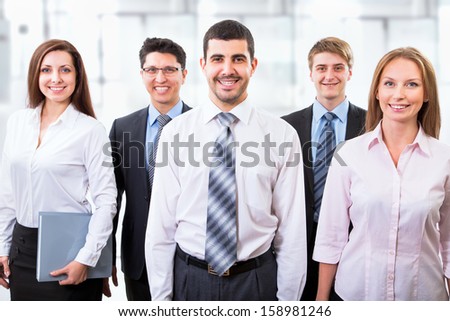 Group Happy Multiracial Businesspeople Standing Row Stock Photo ...