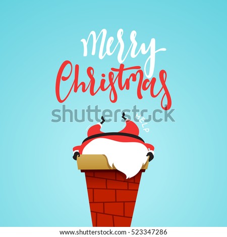 Santa Claus cartoon christmas character, stuck in the chimney of the fireplace. Santa Claus funny and cute in flat style. Christmas cards and banners. Vector Illustration