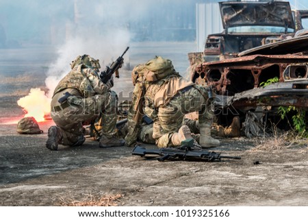 Infantry soldier of the elite special purpose unit during military the battle in war.
