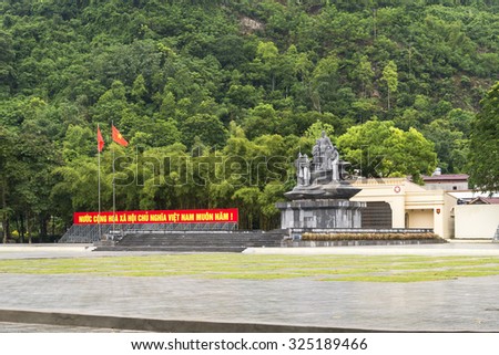 18 September 2015 Statue of Vietnam's revered leader Ho Chi Minh and peoples Monument (also called Uncle Ho or Bac Ho) at Ha Giang city North Vietnam.