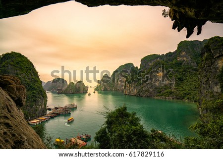 Ha Long Bay scenic view during sun set time , Hanoi, Vietnam