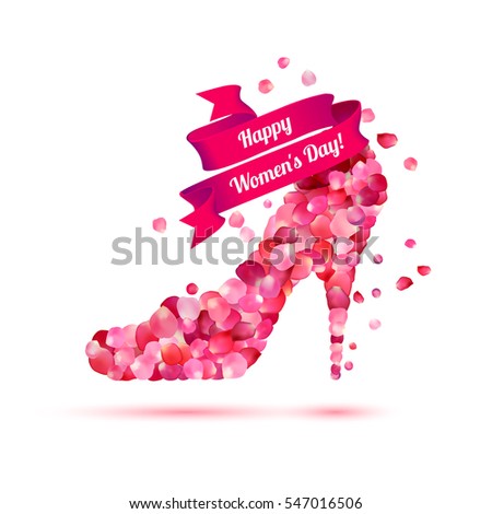 Happy woman's day! 8 March holiday. High heels shoe. Pink rose petals