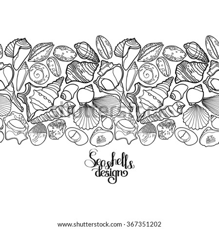 Collection Of Seashells Drawn In Line Art Style On White Background Sea And Ocean Endless