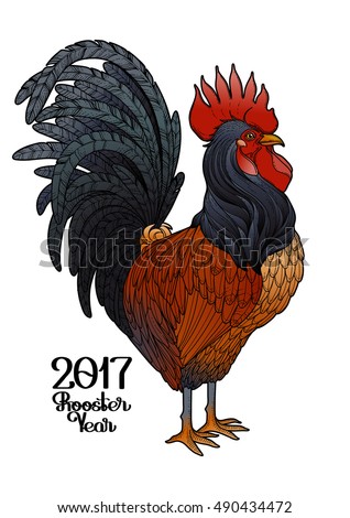 Graphic rooster drawn in line art style. Symbol of 2017 year isolated on the white background in red,brown and black colors.