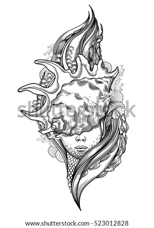Graphic Mermaid Head Seashell On Her Stock Vector ...