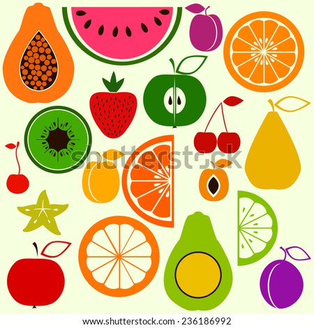 Set of different colorful fruits in simple style