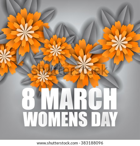 Postcard of congratulation on 8 March Women's Day Invitation. Inscription happy 8 March Women's Day. Origami paper flowers.Trendy Design Template