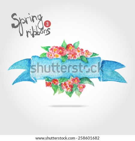Vector watercolor blue ribbon with bright flowers and leaves. Artistic vector design for banners, greeting cards, spring sales, wedding ivitation