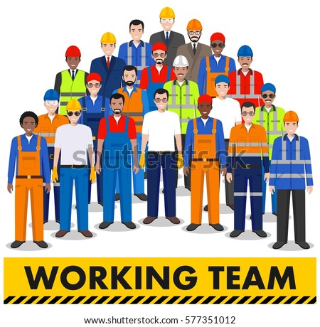 Group of worker, builder and engineer standing together on white background in flat style. Working team and teamwork concept. Different nationalities and dress styles. Flat design people characters