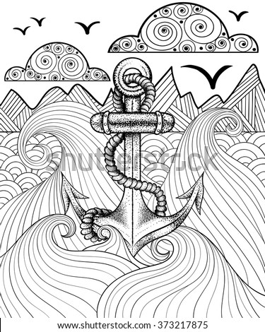 Vector Zentangle Print For Adult Coloring Page Hand Drawn Artistically Ethnic Ornamental Patterned Sea Anchor