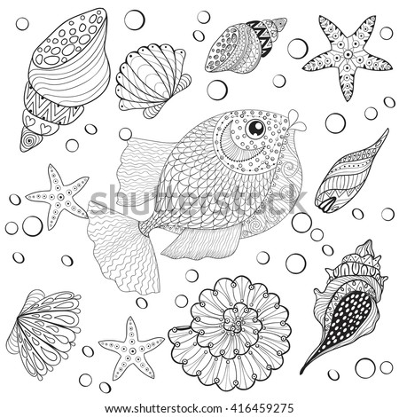 Hand Drawn Zentangle Fish Sea Shells For Adult Anti Stress Coloring Pages Post Card