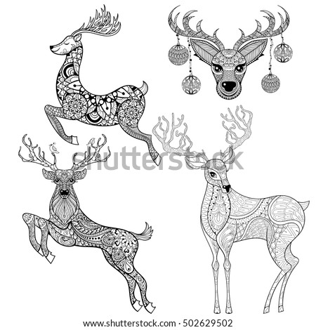 christmas reindeer set in patterned style for adult anti stress coloring pages book art - Holiday Pictures To Colour christmas reindeer set in patterned style for adult anti stress coloring pages book art - Holiday Pictures To Colour