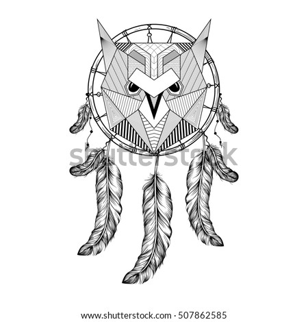 Hand Drawn Zentangle Owl Bird On Dream Catcher With Feathers For Adult Coloring Pages Art