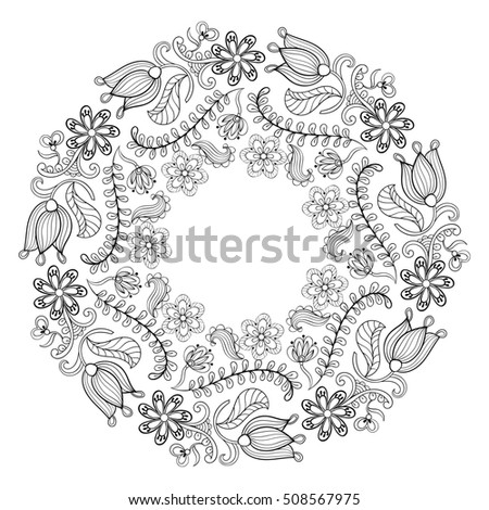 Zentangle Stylized Floral Wreath Freehand Boho Sketch For Adult Anti Stress Coloring Page With Doodle