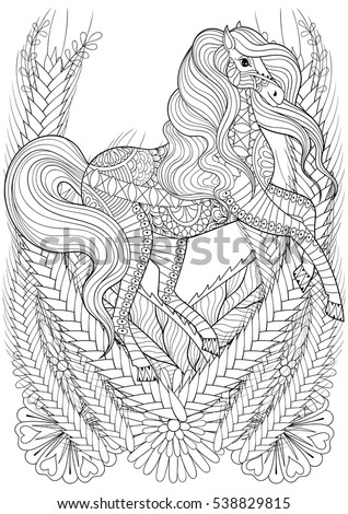Racing Horse In Flowers Adult Anti Stress Coloring Page Hand Drawn Zentangle Animal For Colouring
