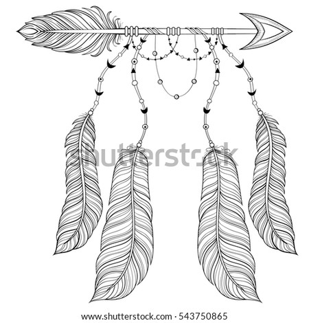 Ethnic Arrow With Bird Feathers Boho Style Concept American Zentangle Illustration For Adult Coloring