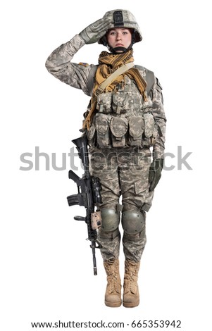 Female In US Army Soldier Uniform Saluting And Smile Look At The Camera Shot Female In US Army Soldier Uniform Saluting And Smile Look At The Camera Shot