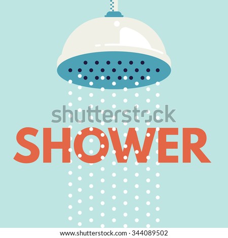 Shower head in bathroom with water drops flowing. Vector illustration. Flat design style