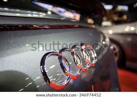 BANGKOK, THAILAND - NOVEMBER 2:The emblem on the back of a Audi logo car on display at The
32nd Thailand International Motor Expo on November 2, 2015 in Bangkok, Thailand.