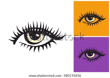 Eye vector sketch in fashion style on white, yellow and purple background.