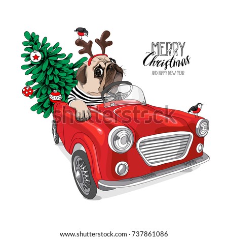 Christmas card. Pug Dog in a striped cardigan and in a Santa's deer mask inside of the red car. Vector illustration.