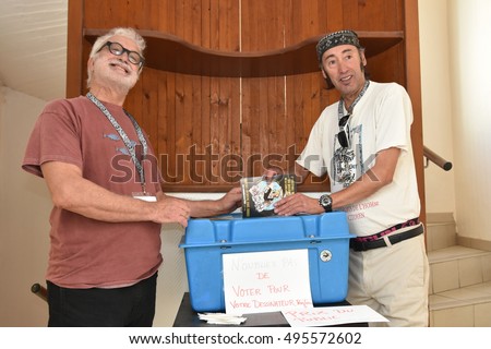 Marseille, France - October 06, 2016 : French cartoonists Pierre Ballouhay and Faty Bourayou at the 5th edition of the International festival of press and political cartoons at l'Estaque.