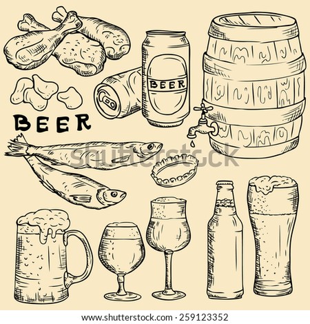 Vector linear drawing. Beer, beer snack, beer ware.